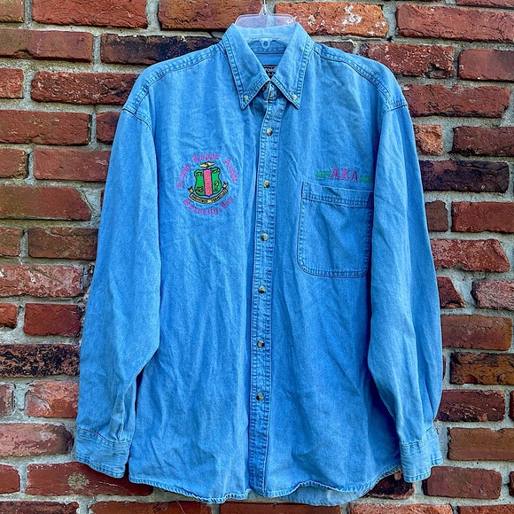 Alpha Kappa Alpha sorority Long sleeve button down denim Size M - Picture 1 of 8